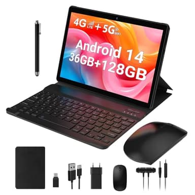TIGERFU Android 14 Tablet,10.1 pollici Tablet con Sim Card Slot,36GB+128GB (TF 1TB),4G LTE e 5G WiFi,processore Octa-Core,1280 * 800 IPS,8000mAh/5MP+8MP/GPS/OTG, Tab con Tastiera/Mouse/Penna-Grigio