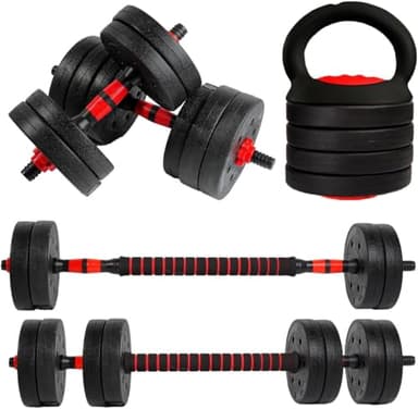 unycos - Manubri Regolabili con Dischi 30 kg【E-Book con 50 Esercizi】Coppia di Pesi, Barra di Collegamento per Allenamento, Kettlebell e Supporto per Flessioni, Palestra in Casa (Red Transformer)