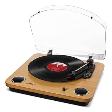 ION Audio Max LP - Giradischi Vinili A Tre Velocità Con Casse, Uscita Cuffie, Conversione USB + Software, uscite RCA Standard, Legno Chiaro