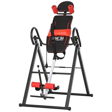 HOMCOM Panca a Inversione con Angolazione e Altezza Regolabile e Poggiatesta, Panca Inversa in Acciaio e Plastica, 79x114x153 cm, Rosso e Nero