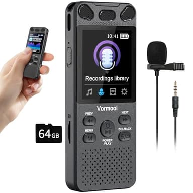 96GB Registratore Vocale Digitale 110 ore Registratore Audio Professionale con 2,15" Schermo Colori & Microfono Esterno, Vormooi Registratore MP3 Portatile con Attivazione Vocale per Lezioni Riunioni