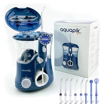 Aquapik® PRO Idropulsore Dentale Professionale | Rimuove la Placca + Raccomandato dai Dentisti + Cura Impianti e Apparecchi Ortodontici | 8 Ugelli + 10 Livelli di Pressione + Serbatoio 600 ml