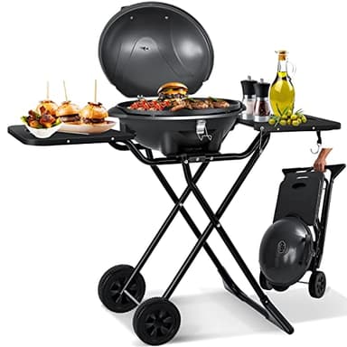 KESSER® Barbecue elettrico 2in1 Barbecue da tavolo, barbecue con coperchio e piedistallo | 2400 W max | pieghevole | termometro | rivestimento antiaderente | piastra della griglia ripiani di appoggio