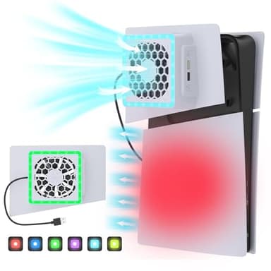 Aukuoy Ventola di raffreddamento per PS5 Slim Accessori: indicatore LED RGB Stazione di raffreddamento per PS5 Slim Disc/console digitale con porte USB e ventola turbo ad alte prestazioni