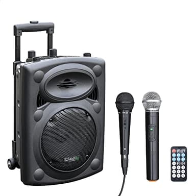 Ibiza - PORT8VHF-BT - Altoparlante portatile da 8"/400W MAX con 2 microfoni (a filo e VHF), telecomando e copertura protettiva - Bluetooth, USB, SD - Autonomia da 4 a 6 ore - Speaker Box