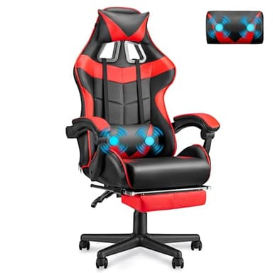 Soontrans Sedia da Gaming Massaggiante Sedia Gaming con Poggiapiedi & Poggiatesta & Cuscino Lombare Massaggio, Poltrona da Gaming, Sedia da Gaming per Youtube Livestreaming Playstation (Rosso)