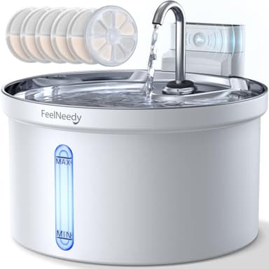 Fontanella per Gatti Senza Fili con Sensore [Separazione acqua e batteria] FEELNEEDY Distributore Automatico d'acqua in Acciaio Inox, Fontana a Batteria 4000mAh- 3.5L con 6 Set Filtri