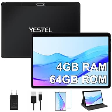 YESTEL Tablet 10 Pollici con Custodia, Android HD Tablet con 4 GB RAM 64 GB ROM 1TB Espandibili, Batteria 8000mAh, 5 MP + 8 MP, WiFi | Bluetooth | OTG, Nero