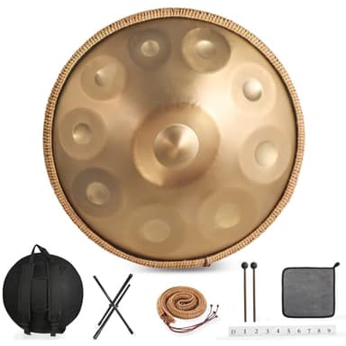 Zanefoo Handpan, Oro Handpan Strumento Musicale 22 Pollici 10 Note 440Hz Tongue Drum in Re Minore per Yoga, Meditazione con Bacchette da Borsetta, Supporto per Batteria, Straccio