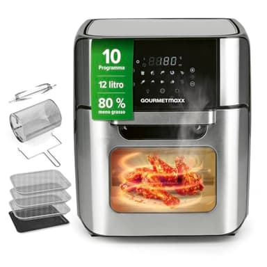 GOURMETmaxx Friggitrice digitale ad aria calda 12 L, forno XXL in acciaio inox | Timer, display touch, spiedo rotante | Frittura a basso contenuto di grassi e a risparmio energetico | 1800 W