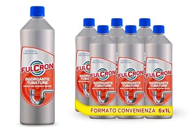 Fulcron Sgorgante Tubature, Stura Scarichi Rapido e Sicuro, Disotturante per Ogni Tipo di Residuo, Formula Disgorgante Adatta a WC, Lavabi, Doccia e Bidet, 6 x 1L