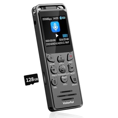 144GB Registratore Vocale Professionale, Volorful 70 Ore Registratore Audio con 1,44" Schermo Colori, Attivazione Vocale, Lettore MP3, USB-C Registratori Vocali Digitale Portatile per Lezioni Riunioni