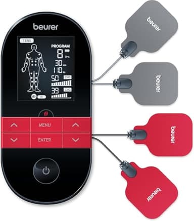 Beurer EM 59 Elettrostimolatore TENS/EMS con Funzione Calore, 2 canali Indipendenti, 64 Applicazioni prePprogrammate e 6 Programmi Individuali, inclusi 4 Elettrodi gel Autoadesivi (45x45 mm)