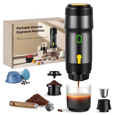 ICARE Macchina Caffè Espresso, Macchine Caffe Portatile 3-in-1, 20BAR Pressione, 92°C Estrazione, Batteria 7500mAh, Ricarica USB/Auto, per Capsule e Caffè Macinato (Nero)