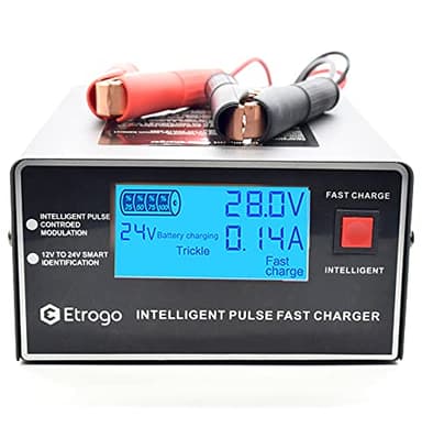 Etrogo Caricabatteria Auto 12V 24V 10A 250W Caricatore di Impulsi Intelligente con Funzione di Rilevamento Automatico Riparazione Manutenzione con Schermo LCD