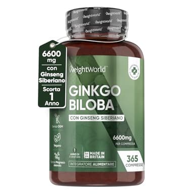 Ginkgo Biloba con Ginseng Siberiano 6600mg, 365 Compresse (1 Anno) Estratto 50:1 Ginkgo Biloba Alto Dosaggio, 24% Flavonoglicosidi 6% Terpenlattoni, Gingko Biloba Nootropico con Eleuterococco 25:1