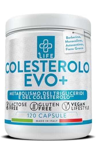 Colesterolo EVO 120 Capsule Piulife® Con Berberina, Monacolina K Da Riso Rosso Fermentato, Fieno Greco, Astaxantina, Policosanoli, Coenzima Q10, B1, Integratore Cuore Per Benessere Cardiovascolare