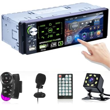 Hikity RDS Autoradio 1 DIN con Schermo da 4,1 Pollici Touchscreen Radio Stereo Auto Vivavoce Bluetooth FM/AM USB/AUX/TF Microfono+Retrocamera