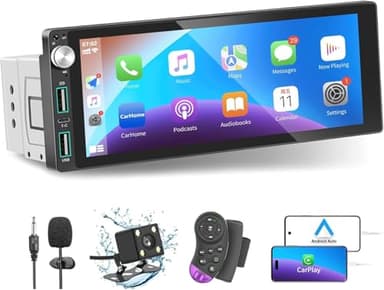 Autoradio 1 DIN Bluetooth con CarPlay & Android Auto, con schermo 6,9 pollici Touchscreen Lettore, Mirror Link/RDS FM Radio/USB/Type-C/Microfono/Telecamera di backup/Supporto telecomando