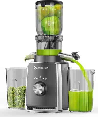 AMZCHEF Estrattore con 2 Filtri Brevettati ANTI-intasamento per Frutta e Verdura Morbida e Dura con Elevata Resa in Succo - Estrattore Frutta e Verdura con Apertura 103 mm per Frutta Intera - Grigio