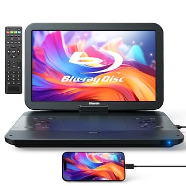GOnavidio Lettore DVD Blu-Ray portatile da 17,5 pollici con schermo grande HD 1920 x 1080 da 15,4 pollici, batteria 4 ore, suono audio surround, supporto ingresso HDMI, lettore di schede USB/SD,