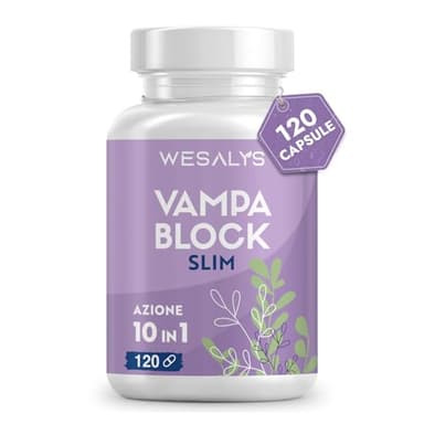 VAMPA BLOCK SLIM, Menopausa Integratori Vampate, 120 Capsule (4 Mesi), Azione 10 in 1, Favorisce l’equilibrio del peso corporeo, Integratore con Isoflavoni di Soia e Agnocasto, Vamp Control
