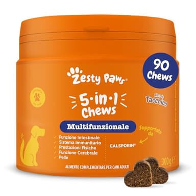 Zesty Paws Multivitaminici 5 in 1 | Integratore per Cani | Vitamine per Cani | Biotina | Intestino, Pelle, Immunità, Stress Ossidativo | Gusto Tacchino | 90 Pz