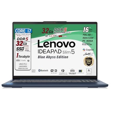 Lenovo, IDEAPAD SLIM 5, i7 13620H 13Th, DDR5 32Gb, Display WUXGA 16" IPS FHD+, SSD 1Tb (2 X 512Gb), Wi-Fi 6, Bt, USB Thunderbolt 4.0, Tastiera retroilluminata, Win11 Pro, Blue Abyss, Pronto all'Uso