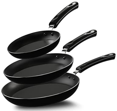 KICHLY Set Padelle antiaderenti in alluminio – set padella 3 pezzi induzione fondo, 20cm, 24cm e 28cm, nero