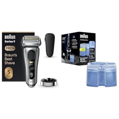 Braun Series 9 PRO+ Rasoio Elettrico Barba, Regolabarba Uomo, Rifinitore di precisione + ShaverCare 3In1 Cartucce Di Ricarica ORIGINALI Per Stazione SmartCare