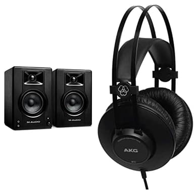 M-Audio BX3 Casse attive amplificate da 120 W da scrivania Monitor da studio per gaming, produzione musicale, streaming e podcast (coppia) & AKG K52 Closed Back Cuffie, Nero