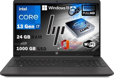HP Notebook 250 G10, Pc portatile Grey, Intel Core i7 1335U 13Th Gen 5Ghz, Ram 24Gb, SSD 1000Gb, Display 15.6" Full HD, Win 11 Pro, Office, computer pronto utilizzo