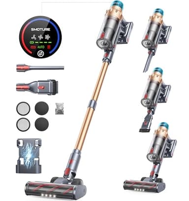 Aspirapolvere Senza Fili Potente 45KPa/550W, Scopa Elettrica Senza Fili con Autoportante, 60Mins di Durata Modalità Automatica e Ricarica a Parete, LED Touchscreen per Pavimenti Tappeti Peli Animalili