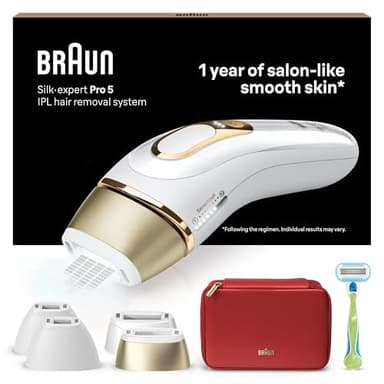 Braun Silk·expert Pro 5 Epilatore LUCE PULSATA, Epilazione A Casa, Alternativa All’Epilazione laser, Con Custodia, Rasoio Donna Venus, 4 Testine, Idea Regalo, Bianco/Oro, PL5382