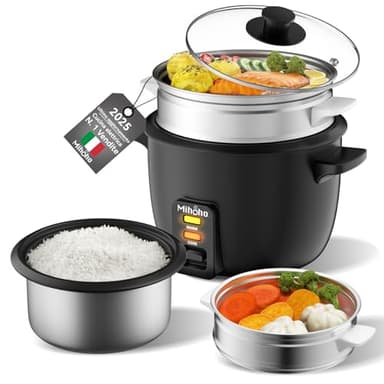 Cuociriso, cuociriso da 2 litri con vaporiera, cuociriso con pentola interna antiaderente, prepara zuppe, stufati, cereali, funzione di mantenimento in caldo (nero)