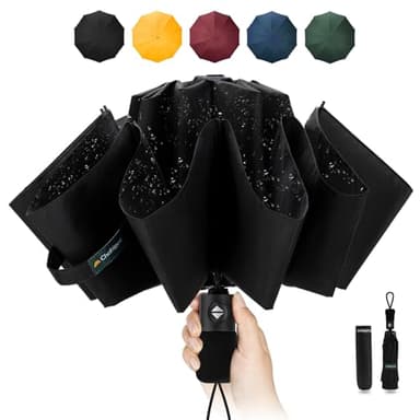 Chakipee Ombrello Pieghevole Pioggia da Viaggio Antivento - Ombrello Nero per Uomo Automatico Apri Chiudi,Inverso Portatile per la Compatto, Rivestimento in Tessuto 210T Apertura 105 cm 10 Stecche