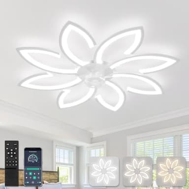 90 cm Lampadario Ventilatore da Soffitto Con Telecomando Led Dimmerabile Pale da Soffitto Design DC Plafoniera Fiore Led Reversibile 6 Velocità Lampadari a Ventola per Camera da Letto Cucina,Bianco