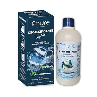 PHURE BIO DECALK Decalcificante Disincrostante Concentrato Universale ferri da stiro e aspirapolveri vapore, per piccoli elettrodomestici Compatibile con tutte le marche Biodegradabile 500ml