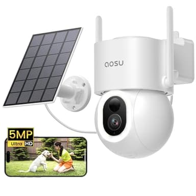 AOSU 3K Telecamera Wi-fi Esterno Senza Fili, 360° PTZ, Pannello Solare Ad Alta Capacità, 400lm Faretto, Rilevamento AI di Persone, Animali e Auto, Visione Notturna a Colori, Allarme Luce e Suono