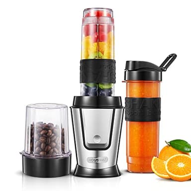 HOUSNAT Frullatore 500W, con 280ml Macinacaffè Elettrico, 24.000 Giri/min, 2 Borraccia Sport 570ml, Frullatore per Frullati e Smoothie senza BPA, Lame in Acciaio, Lavabile in Lavastoviglie