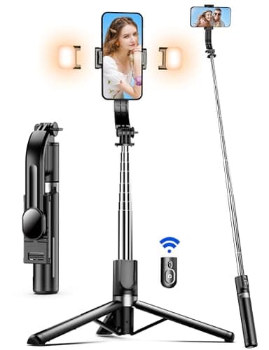 Bastone Selfie Treppiede per Smartphone - 2 Luce di Riempimento, 115cm Selfie Stick Stabile, Estensibile Treppiedi con Telecomando Wireless con Rotazione a 360° per iPhone 14/13/12/11 Samsung Huawei