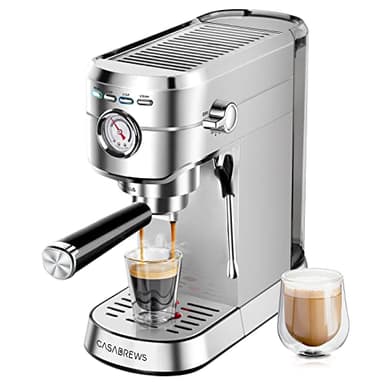 CASABREWS Macchina Caffè Macinato, 20 Bar Macchina da Caffè Espresso Manuale e Cappuccino, Per Polvere, Serbatoio Estraibile 1L, 1350W, Piano Scaldatazze, Inox, Argento
