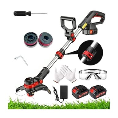 Tagliabordi a Batteria 21V, Kit Decespugliatore Elettrico con 2 Batterie, Occhiali Protettivi, Guanti, Bobine di Ricambio