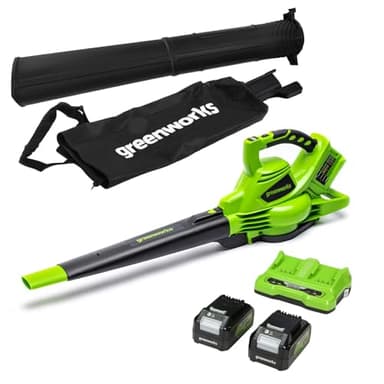 Greenworks 48V(2x24V) Aspirafoglie Soffiatore a Batteria con Tracolla, Motore Brushless, 322km/h, 9m³/min, Sacco di Raccolta 45L, 2 4Ah Batterie, e Caricabatterie, Garanzia 3 Anni GD24X2BVK4X