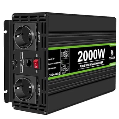 novopal 2000W Inverter Onda Sinusoidale Pura da DC 12V a AC 220V con Display LCD del Codice di Errore,2 Prese UE 2 Porte USB QC3.0 18W e Telecomando 5M