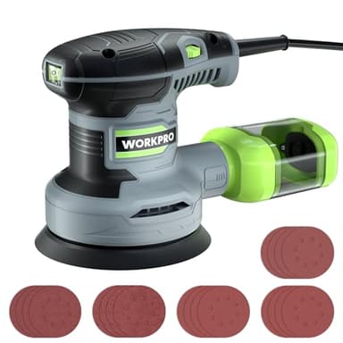 WORKPRO Levigatrice Orbitale 125mm, Levigatrice Rotorbitale da 300W 7000-13000 OPM, Levigatrice Eccentrica con aspirazione e contenitore per la polvere, Levigatrice con 20 pezzi di carta abrasiva