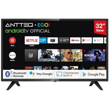 Antteq AG32H3 32 Pollici TV Smart(80cm) Android TV LED Compatibile con Google Voice Assistance Chromecast Bluetooth Google Play Store DAZN/Netflix/Prime Video/YouTube WifiTriple Tuner(DVB-C/S2/-T2)