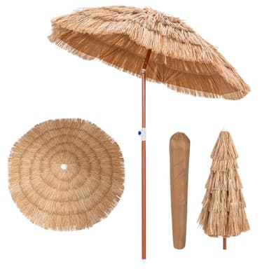 KOMFOTTEU Ombrellone da Spiaggia, Parasole Hawaiano in Rafia Pieghevole, Ombrello da Giardino in Paglia Simulata Inclinabile, Altezza Regolabile, Anti UV, per Balcone, senza Base per Ombrellone