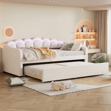 Soweiz Lettino per bambini, 90 x 200 cm, divano letto con letto estraibile, letto singolo (materasso non incluso), velluto, luce cambia colore, telecomando, forma semplice (beige)