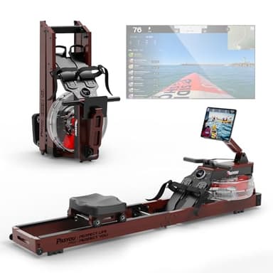 PASYOU Vogatore per casa in quercia, vogatore ad acqua pieghevole con display Bluetooth e 30 giorni di abbonamento cinematografico gratuito, vogatore con supporto per tablet regolabile, portata 150 kg